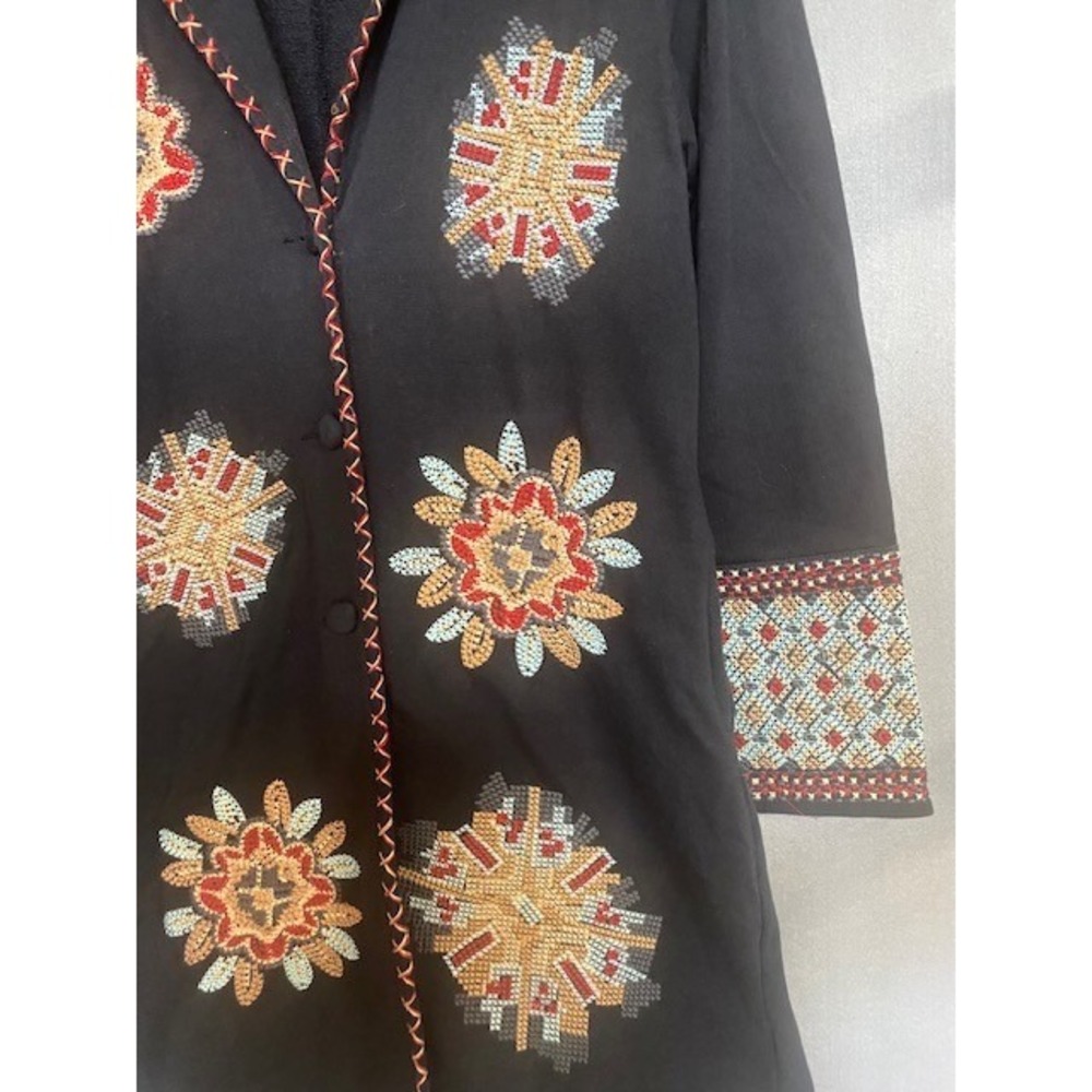 Kyla Seo Black Cotton Embroidered Duster Coat Floral Cross Stitch Jacket Large - Picture 4 of 10